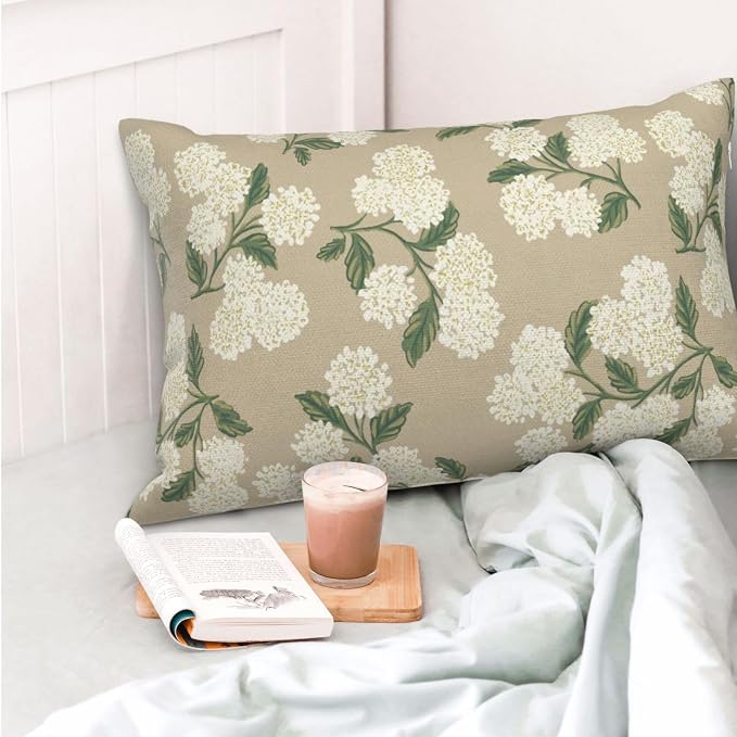 Beige Spring Pillow Covers 12x20 Inch 2 Pcs Khaki Green Hydrangea Flower Decor Throw Pillows Vintage Floral Seasonal Summer Outdoor Decoration Pillowcase Linen Cushion Cover for Couch Sofa