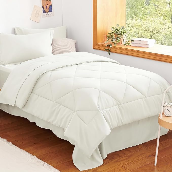 Twin XL Comforter Set with Sheets Ivory - 5 Pieces Bed in a Bag | College Dorm Essentials, OEKO-TEX Certified, All Season, 240GSM Down-Alternative Comforter, Sheets, Pillowcase & Sham