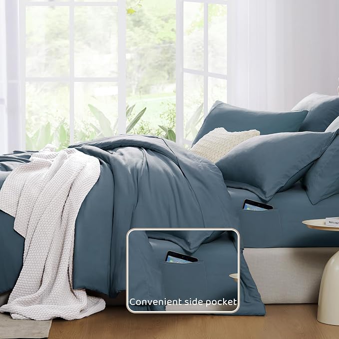 Queen Comforter Set-7 Pieces Soft Prewashed Bed in a Bag Queen Bedding Sets | All Season Comforter with Sheets, Pillow Shams & Pillowcases,Oxford Blue