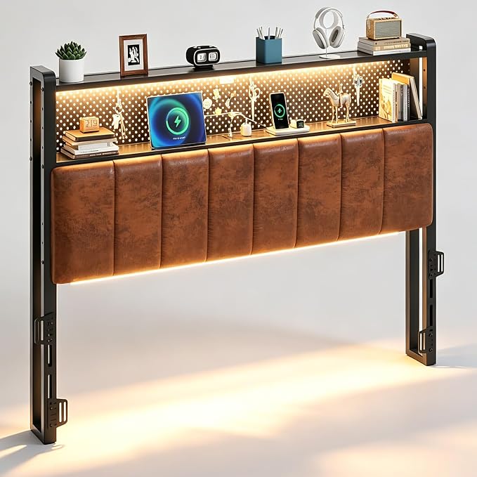 VINGLI King Size PU Leather Upholstered Headboard Bookcase Head Board for Bed with Storage,Charging Stations and LED Light, 2 Tier Shelves and Pegboard, Height Adjustable, Industrial Brown