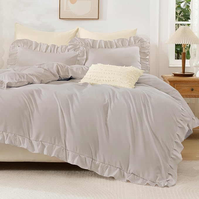 Andency Linen Ruffle Duvet Cover King, Shabby Chic Farmhouse Bedding Set | 3 Pieces Soft Washed Polyester Vintage Ruffled Comforter Cover Set with Zipper Closure & Corner Ties, 104x90Inch