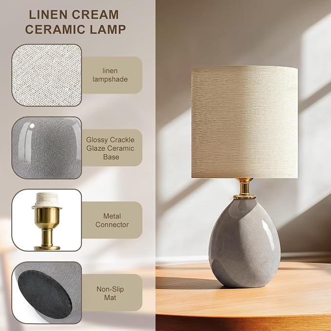 18.5" Ceramic Table Lamps Set of 2 for Living Room Bedroom, Grey | Bedside Lamps for Bedroom Nightstand, Ice Crackle Home Bedroom Living Room Decor, Linen Fabric Shade, 3-Color Temperature