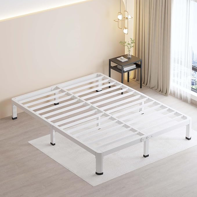 MAF 7 Inch Queen Metal Platform Bed Frame White with Round Corner Legs | Mattress Slide Stopper, 3000 LBS Heavy Duty Steel Slats Support, Noise Free, No Box Spring Needed, Easy Assembly, Anti-Slip