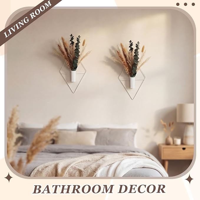 Jexine 8 Pcs Hanging Planters with Artificial Pampas Metal Hanging Vase Indoor Plants Holder Modern Geometric Boho Bathroom Wall Decor for Living Room Home Office(White)