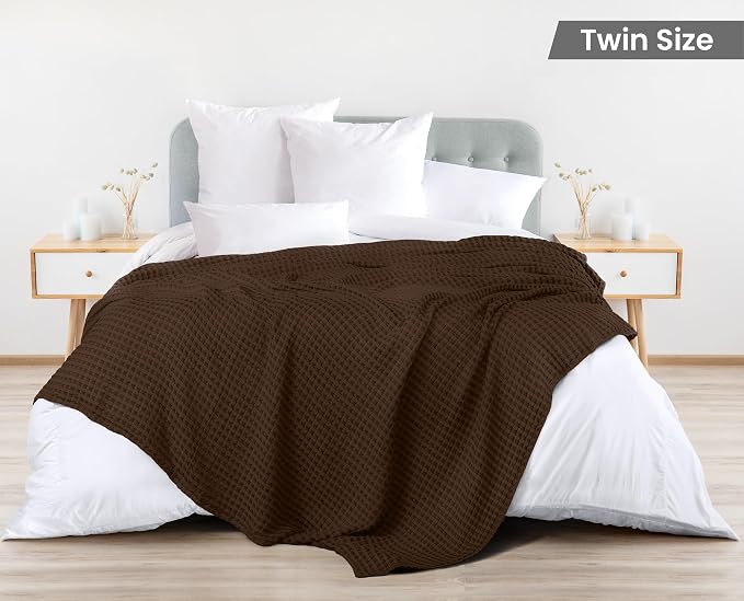 Utopia Bedding 100% Cotton Waffle Blanket Twin Size Brown, 90x72 Inch | Lightweight Breathable Cozy Summer Bed Blanket Home Decor Gift for Women and Men