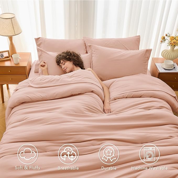 7 Pieces Queen Comforter Set, Soft Bed in a Bag Queen Size, All Season Bedding Set with Comforter, Flat Sheet, Fitted Sheet, Pillowcases & Shams, Rose Gold