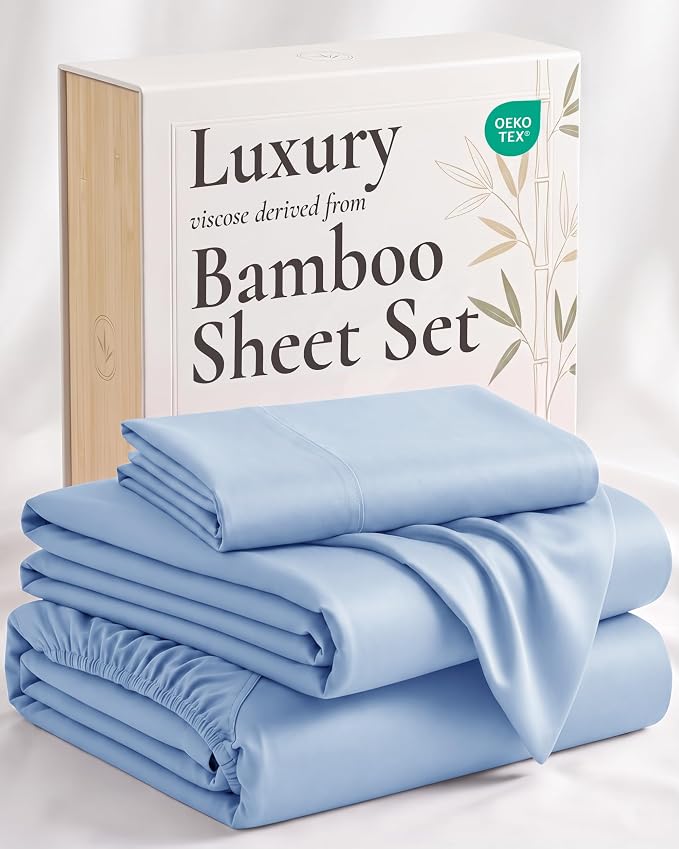 Hotel Sheets Direct 3 Piece Bed Sheet Set Twin Size, 100% Viscose Derived from Bamboo Sheets Set with 1 Pillowcase, Cooling & Breathable Luxury Bedding, Moisture-Wicking & Silky Soft, Light Blue