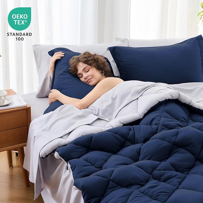 7 Pieces Oversized King Comforter Set, Reversible Bed in a Bag Oversized King Size, All Season Bedding Set with Comforter, Flat Sheet, Fitted Sheet, Pillowcases & Shams, Navy & Light Grey