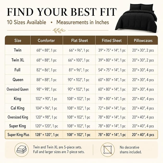 Super King Plus Comforter Set Black - 7 Pieces Bed in a Bag | OEKO-TEX Certified, All-Season, Bedroom, Guest Room, Down-Alternative Comforter + Flat & Fitted Sheets + 4 Pillowcases