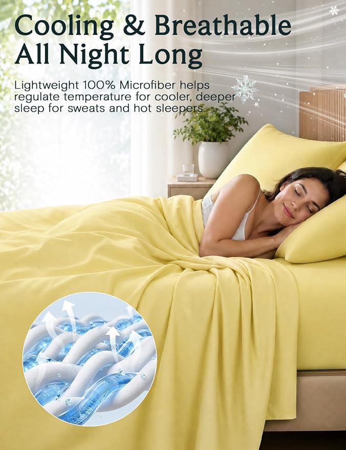Cal King Size Sheets Set, Cooling & Soft Deep Pocket Bed Sheets, 4PC | LuxClub Silky Fitted Sheet & Pillowcase Sets, Breathable Hotel Luxury Bedding for Mattress Wrinkle Free, Lemon