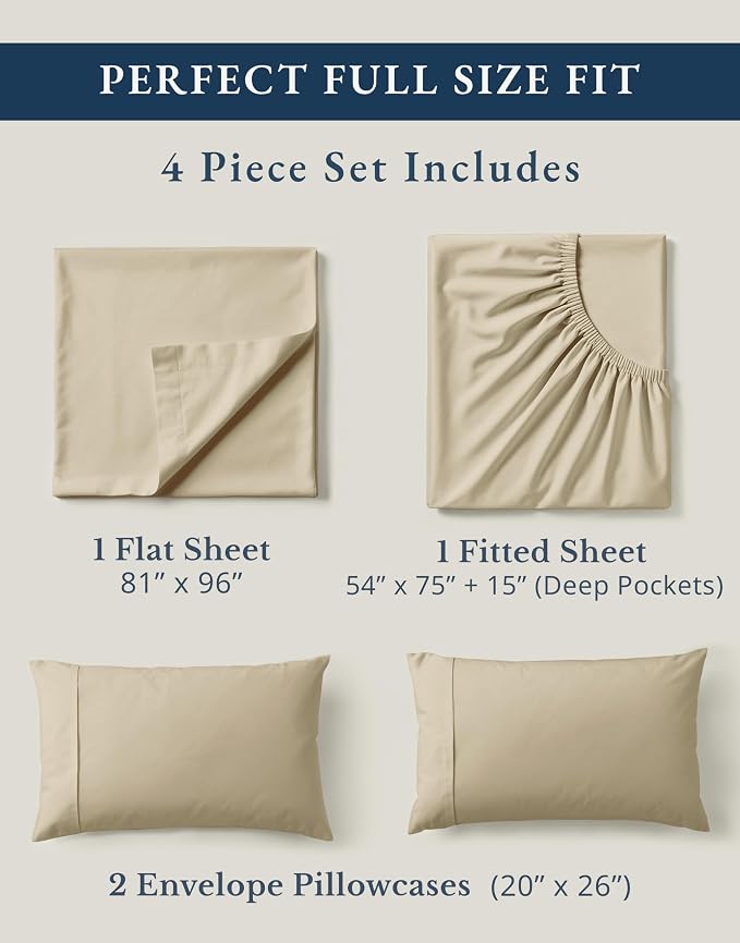 LANE LINEN 100% Organic Cotton Bed Sheets Full Size, Fully Elasticized Reinforsed Seams in Fitted Pocket, Machine Washable Naturally Cooling Full Sheet Deep Pocket Bedding- Linen