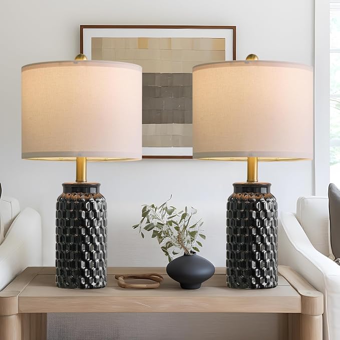 USumkky 20.5" Black Modern Ceramic Bedside Lamp Set of 2 for Bedroom Decor Farmhouse Table Lamp for Living Room Office Dorm