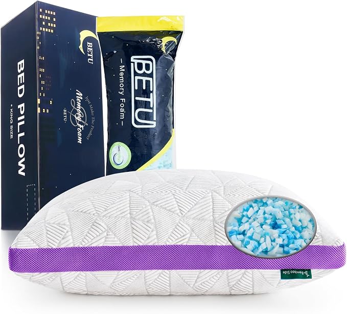 BETU Cooling Pillows Queen Size Set of 2, Shredded Memory Foam Pillows Cool for Hot Sleepers, Adjustable Firm Soft Support Bed Pillow Perfect for Back Neck Pain and Side Sleeping with Cover, Purple