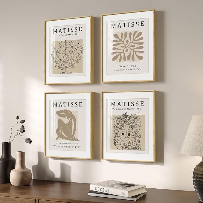 Framed Neutral Beige Matisse Abstract Wall Art for Bathroom, 12x16 Inch | Set of 4, Modern minimalist, Botanical prints, Living room, Dining room, Bedroom, Home office decor