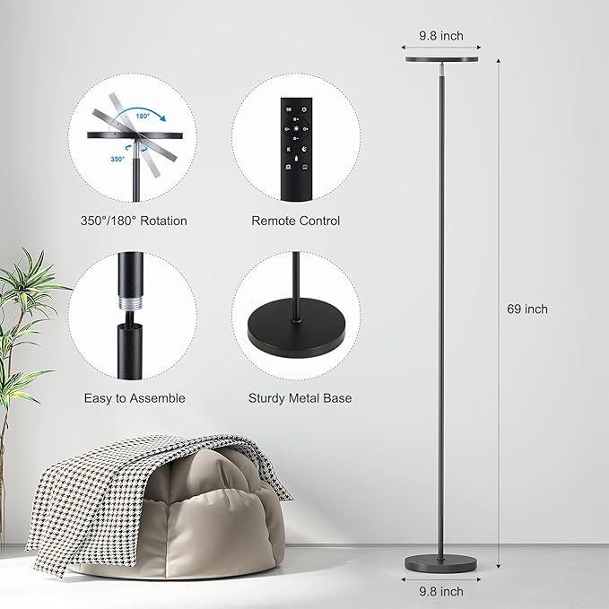 SUNMORY Floor Lamps for Living Room，LED Standing Lamp with Remote Control | 32W/3000LM Super Bright, 69" Tall Floor Lamp with Stepless Dimmable, Modern Torchiere Corner Lamp for Bedroom, Office
