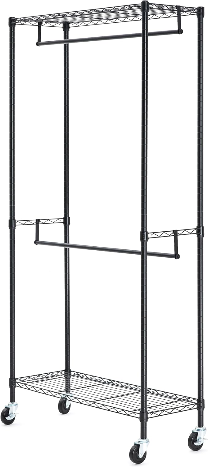 Amazon Basics Adjustable Double Rod Rolling Garment Rack, Hanging Clothes Closet Organizer with Wheels, Heavy Duty, 36" x 14" x 72", Black