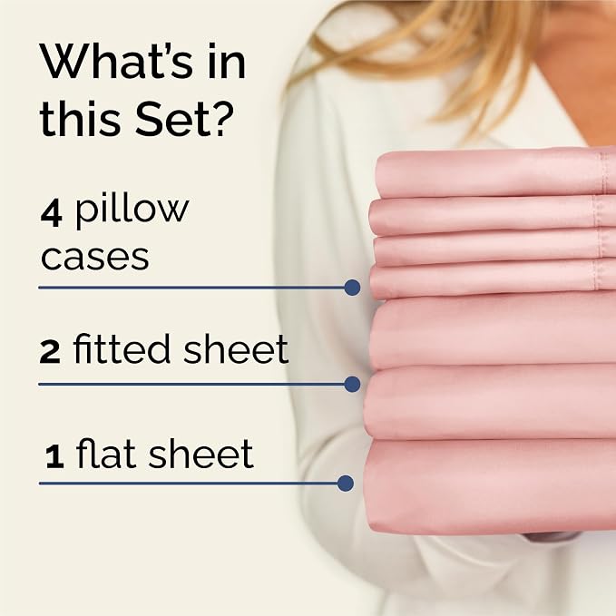 Split King 7 Piece Bed Sheet Set - Comfy, Breathable & Cooling - Baby Pink | Ultra-Soft Hotel Luxury Bedding Set w/ 8-16 Inch Deep Pockets, 1 Flat & 2 Fitted Sheet & 4 Pillowcases, Wrinkle & Fade Free