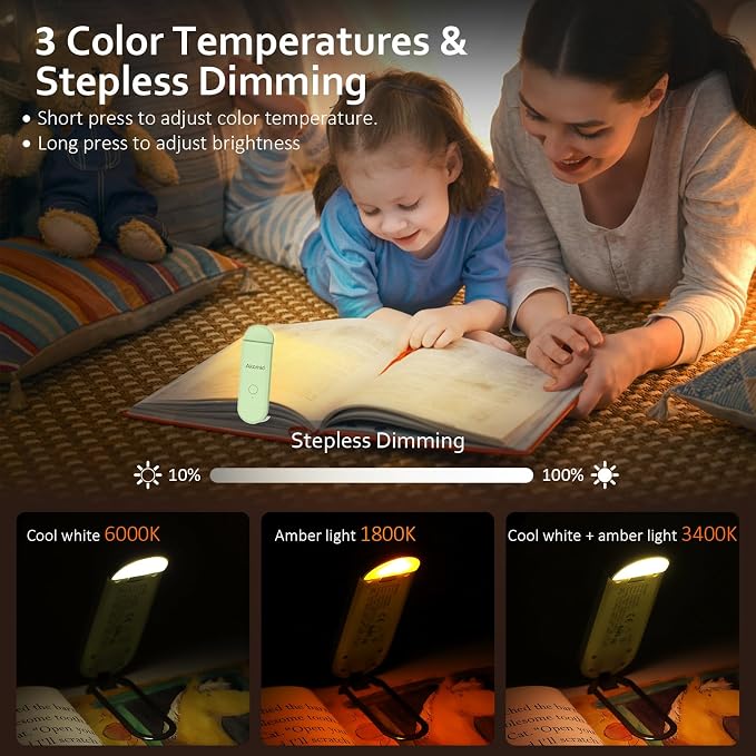Akomid Book Light, USB Rechargeable, Eye-Cared Amber Light, 8 LEDs, Green, Modern Style, Metal & Plastic, Clip-On, Stepless Dimming, for Reading in Bed, Kids, Living Room