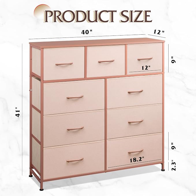 WLIVE Tall Dresser for Bedroom, 9 Drawer Chest of Drawers, Pink | 9 roomy fabric drawers, Tall storage design, Bedroom or closet use, Sturdy steel frame, Smooth wood tabletop
