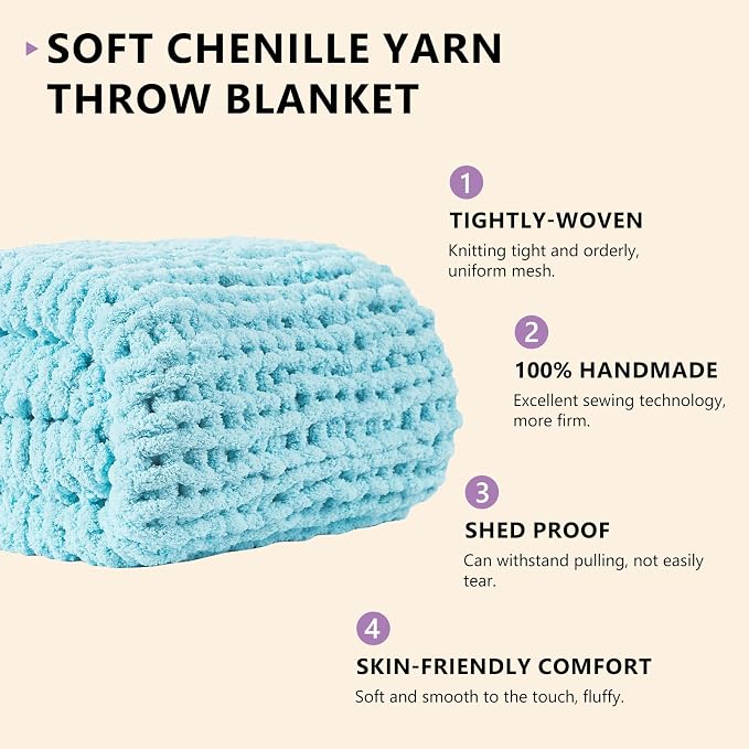 L'AGRATY Chunky Knit Throw Blanket for Couch, 72 x 84 Inches, Light Blue | Handmade Chenille Crochet Blanket for Sofa Bed, Thick Cable Knitted Blankets for Room Home Decor, Birthday Gift for Women Mom