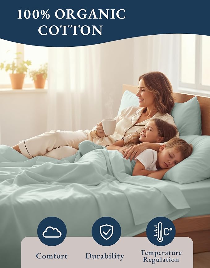LANE LINEN Full Sheet Set 100% Organic Cotton Percale Cooling - Cool Blue | Full Sheet Set, Organic Cotton Percale - Crisp, Cool & Breathable, For Hot Sleepers, All-Season Comfort, For Guest Bedrooms