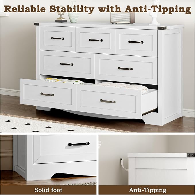 BORNOON 7-Drawer Dresser for Bedroom, Modern Wooden Chest of Drawers with Metal Handles, Anti-Tipping Design, Sturdy and Stable Storage Organizer for Living Room, Entryway, Home Office