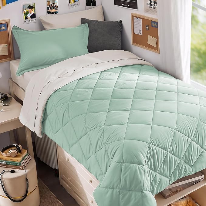 5 Pieces Twin XL Comforter Set, Reversible Bed in a Bag Twin XL Size, All Season Bedding Set with Comforter, Flat Sheet, Fitted Sheet, Pillowcases & Shams, Sage Green & Beige