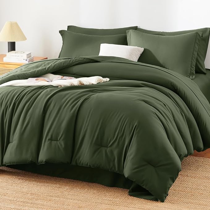 HIMEET King Comforter Set, 7-Piece Point-Quilted Bed in a Bag, Olive Green | OEKO-TEX Certified, Lightweight 240 GSM Comforter, Flat Sheet, 14-Inch Deep-Pocket Fitted Sheet, Pillowcases & Shams
