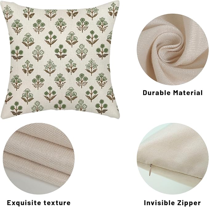 Sage Green Brown Pillow Covers 18x18 Inch 2 Pcs Block Print Vintage Floral Decor Throw Pillows Boho Flower Spring Summer Outdoor Seasonal Decoration Pillowcase Linen Cushion Cover for Couch