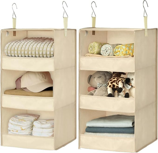 GRANNY SAYS 3-Shelf Hanging Closet Organizer, Foldable Storage, Khaki | 33 lb Capacity, No-Sag Support, Keeps Clothes Neat, Folds Flat, Fits RV, Dorm & Small Closets, 2 Pack