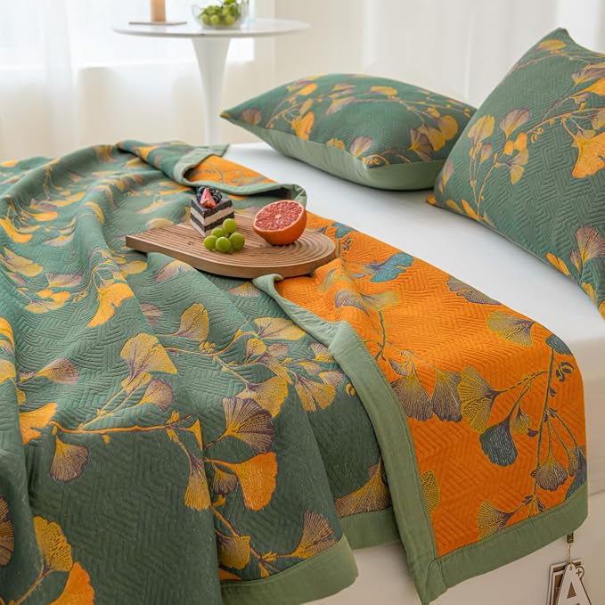 100% Cotton Jacquard Quilt Floral Ginkgo Leaves Print,Soft Muslin Bed Cover 3 Layers Reversible Bedspread Coverlet Breathable Lightweight Bedding,King(98"x94"), No Pillow Sham