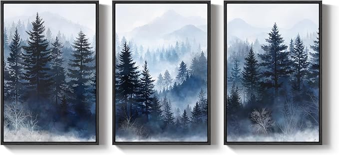 Framed Blue Foggy Forest Mountain Wall Art for Living Room, 3 Piece, 24x36 | Misty pine tree, Foggy scenic, Nature landscape, Solid wood frame, Ready to hang, Bedroom wall decor, Canvas print artwork