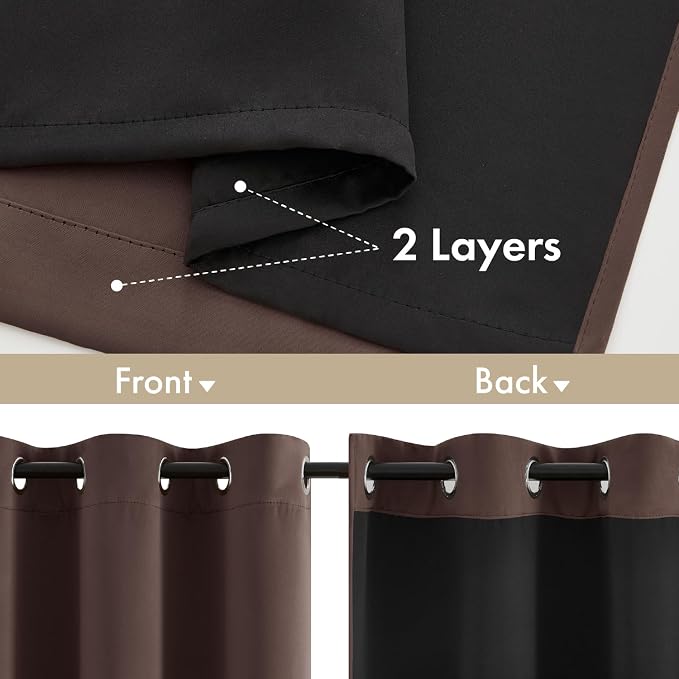 MIULEE Dark Brown 100% Blackout Curtains for Bedroom 40x63 Inch | 2 Thick Layers Thermal Insulated Window Curtains with Black Liner, Noise Reducing Grommet, Drapes for Living Room, 2 Panels
