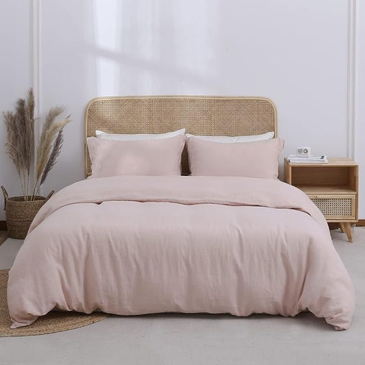 Simple&Opulence 100% Linen Duvet Cover Set 3pcs Basic Style Natural French Washed Flax Solid Color Soft Breathable Farmhouse Bedding with Button Closure - Blush Pink, Full