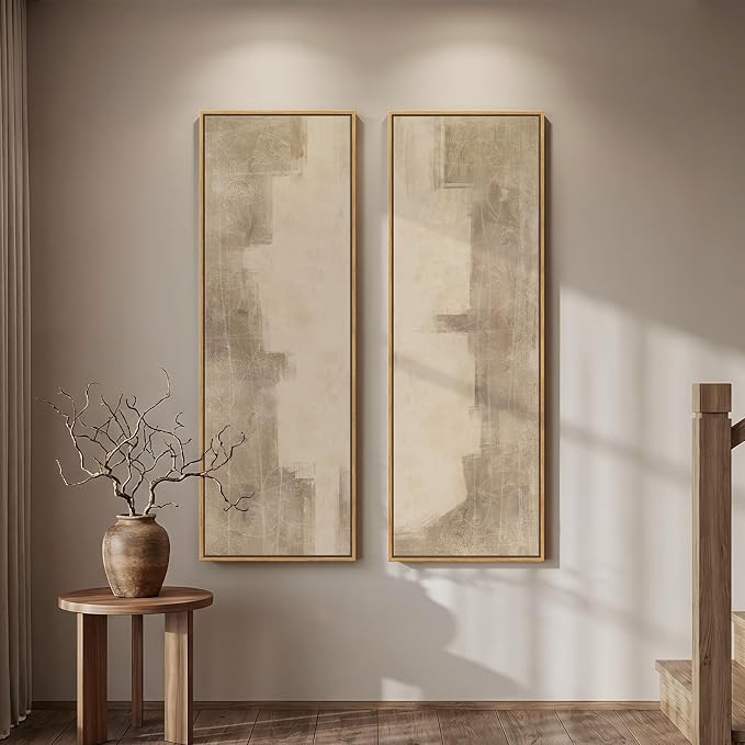 Large Framed Neutral Abstract Vertical Wall Art Decor for Hallway, 2 Pieces | Long narrow, Large canvas prints, Abstract pictures, Neutral beige, Vertical, Living room, Bedroom, Entryway wall decor