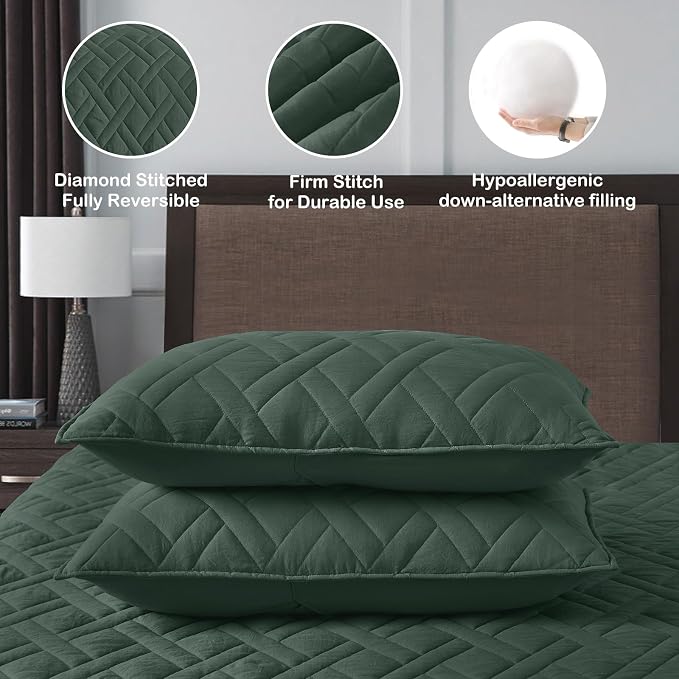 HORIMOTE HOME Quilt Set King Size Dark Green, Classic Geometric Diamond Stitched Pattern, Ultra Soft Microfiber Lightweight Bedding Bedspread Coverlet for All Season with 1 Quilt 2 Pillow Shams