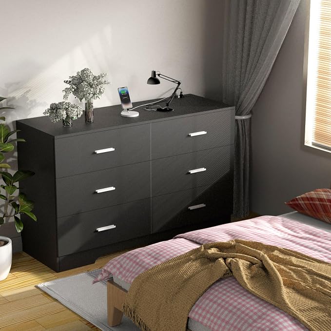 FJTJBSI Dresser with Power Outlets Wooden 6 Drawer Dresser with USB and Type C Port Chest of Drawers for Bedroom Tall Black Organizer Storage for Living Room Hallway Closet