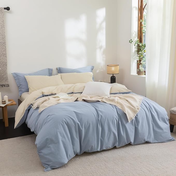 BDEAR Reversible Twin Size Duvet Cover Set 90 x 68inch,Blue and Almond Grey | 100% Washed Cotton, 1 Duvet Cover with 1 Pillowcase, Zipper Closure, OEKO TEX Standard,8 Corner Ties,Linen-Liked Texture