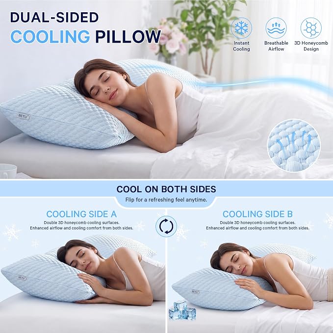 BETU Cooling Pillow Queen Size, Breathable Shredded Memory Foam Cool Pillow for Hot Sleepers, Adjustable Soft Support Bed Pillows for Side, Back, Stomach Sleepers, 3D Honeycomb Breathable Cover