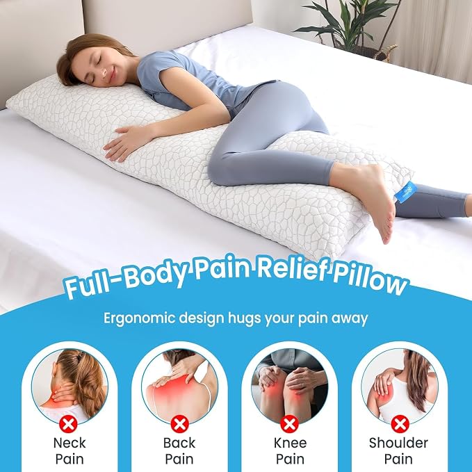 QUTOOL Cooling Pillow for Sleeping, CertiPUR-US Shredded Memory Foam Full Body Pillow Set of 1, Long Pillow for Bed with Removable Double-Sided Soft & Cool Cover, Soft Yet Support,White