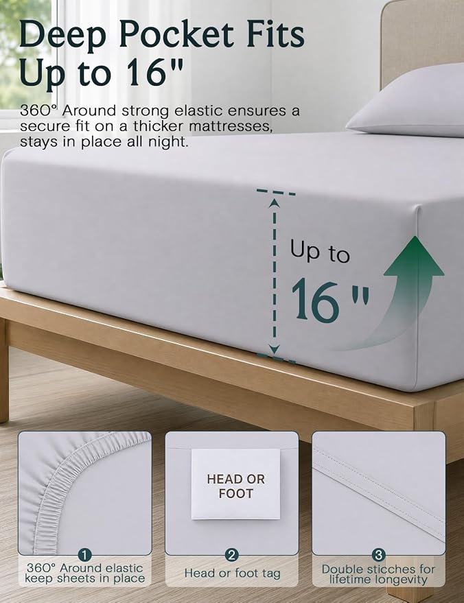 LuxClub King Size Sheets Set, Cooling & Soft Deep Pocket Bed Sheets, 4PC | LuxClub Silky Fitted Sheet & Pillowcase Sets, Breathable Hotel Luxury Bedding for Mattress Wrinkle Free, Dove Gray