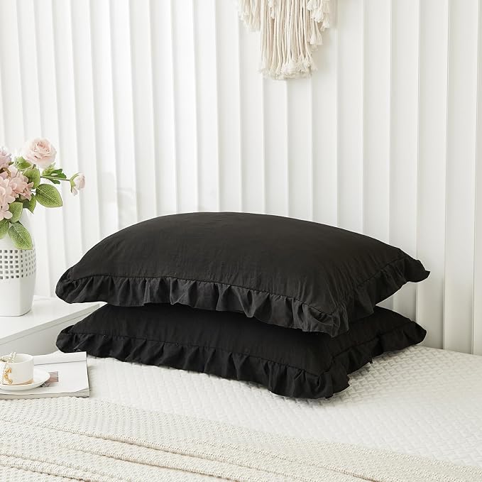 Black Pillowcases King Pillowcases Ruffled Pillow Shams Set of 2 Cute Pillowcases Solid Ruffled Fringe Design Shabby Chic 2 Pack (King (20''x36''), Black)
