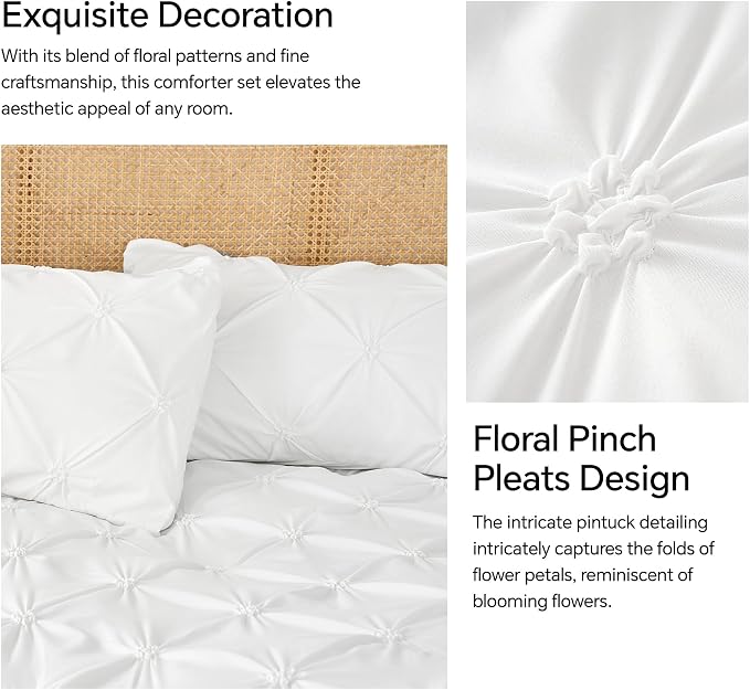 BEDELITE Queen Comforter Set White,Lightweight & Soft Comforter | Pintuck Boho Bedding, Warm & Cute Bed Set for All Season,With 2 Pillowcases