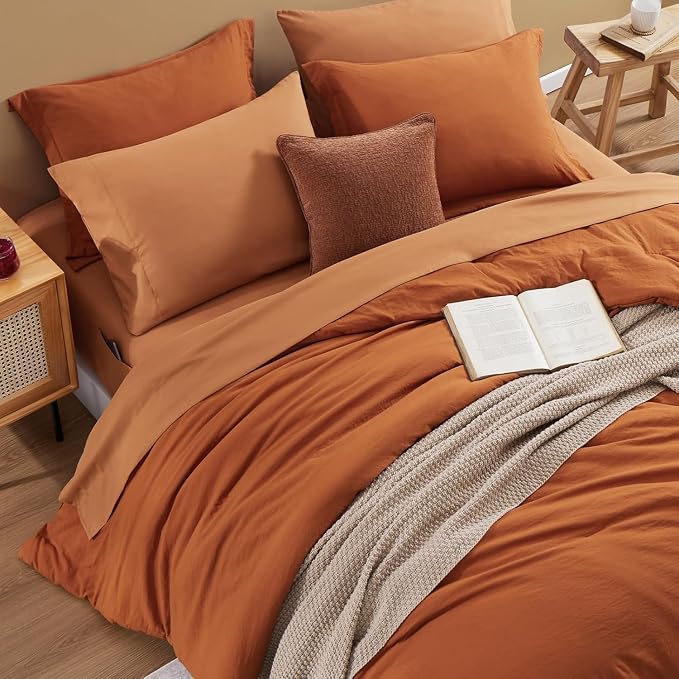 Queen Comforter Set-7 Pieces Soft Prewashed Bed in a Bag Queen Bedding Sets | All Season Comforter with Sheets, Pillow Shams & Pillowcases,Burnt Orange
