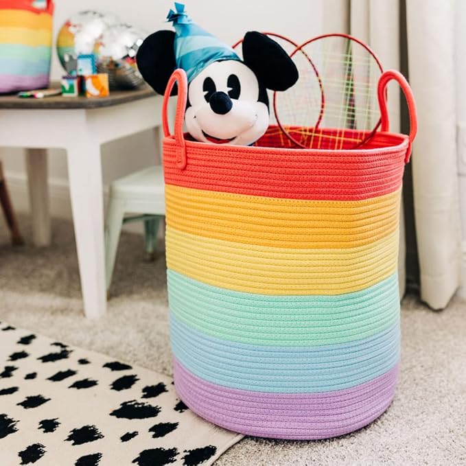 OrganiHaus Rainbow Laundry Basket & Hamper, Nursery Playroom 52L | Rainbow - Rainbow Cotton Rope Hamper, Nursery 52L