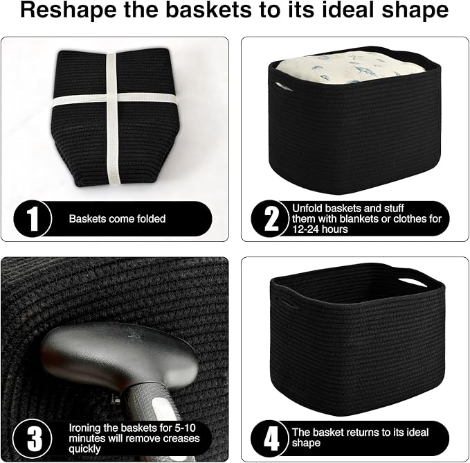 ICERZCZ Storage Baskets for Organizing & Shelves, Woven Cotton Rope Organization Bins for Dog Toys, Clothes, Books, Nursery Organizer, 15"Lx11''Wx9.5''H, (4 Packs) Black