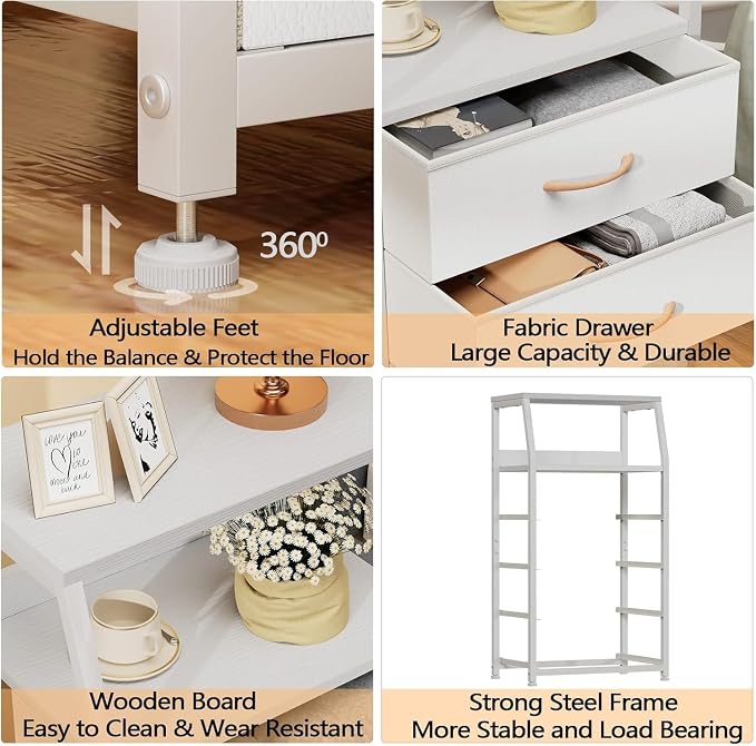 Furnulem Tall Nightstand with 4 Fabric Drawers, Small Dresser for Bedroom | White Dorm Bedside Table , Dresser for Closet, Storage Drawer for Living Room, Entryway, Furniture, Metal Frame, Wood Top