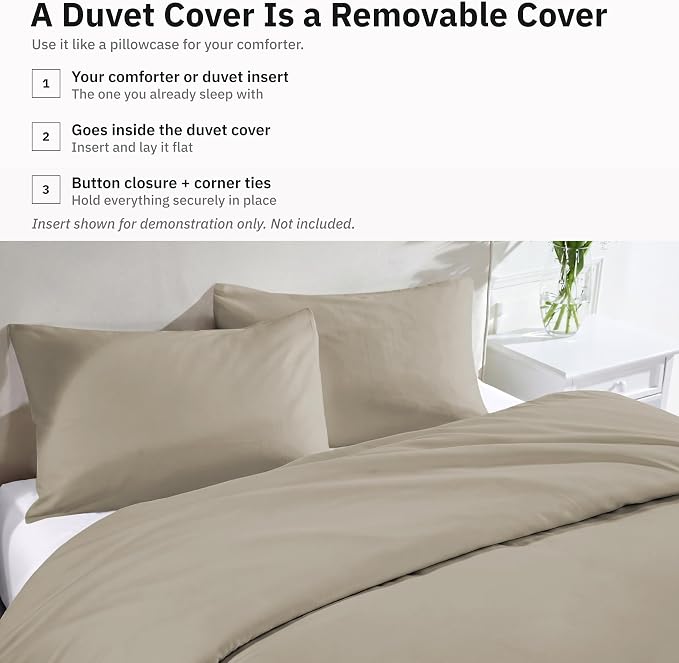 California Design Den Luxury Full/Queen Duvet Cover Set, Taupe | Soft 400 Thread Count 100% Cotton Sateen Backed by GH Seal, Duvet Cover & Pillow Sham 3 Pc Set, Button Closure & Corner Ties