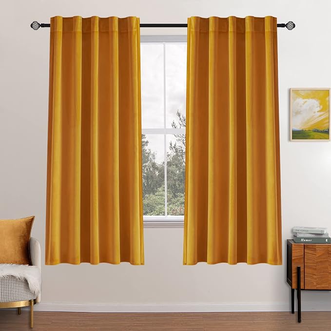 MIULEE Velvet Blackout Curtains 52x63 inches 2 Panels Mustard Yellow | Luxury, Bedroom Living Room, Thermal Insulated, Fall Decor, Super Soft Window Drapes Rod Pocket & Back Tab