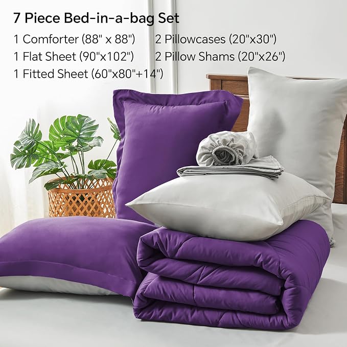 BEDELITE Queen Comforter Set 7 Pieces, Reversible Purple Bed in A Bag | Soft All Season Down-Alternative Comforter, Sheets, Pillowcases & Shams, OEKO-TEX Certified Bedding for Bedrrom, Guest Room